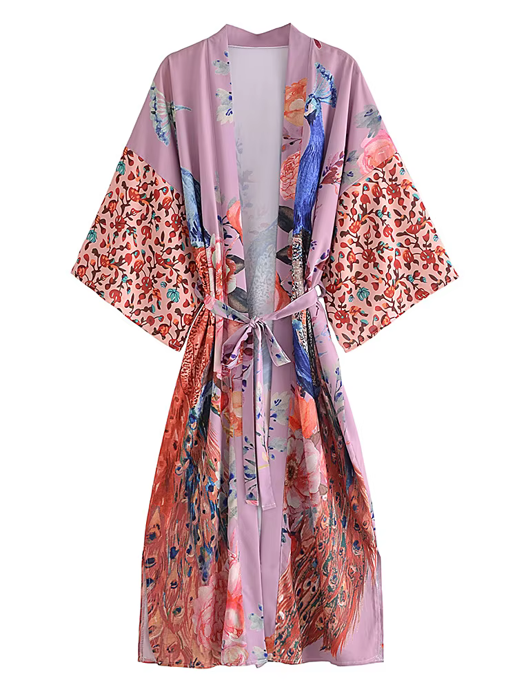 Robe Kimono Vintage Chic pour Femme, Imprimé Floral Grue, Style Bohème, Manches Chauve-Souris, Tenue