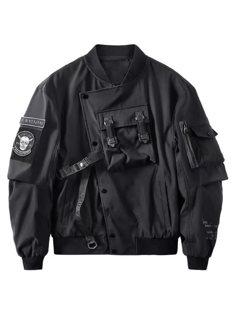 God of Death Bomber Jacket Poitrine Poche Techwear Hommes Punk Hip Hop Tactique Streetwear Noir Vars