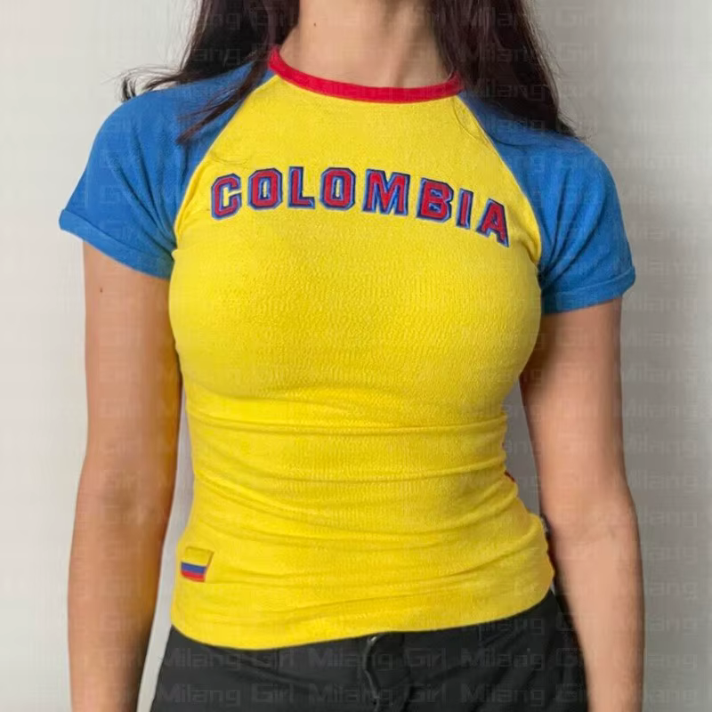 COLOMBIA-Chemisier manches courtes col rond pour femme, t-shirt ajusté avec lettres imprimées, Y2k, 
