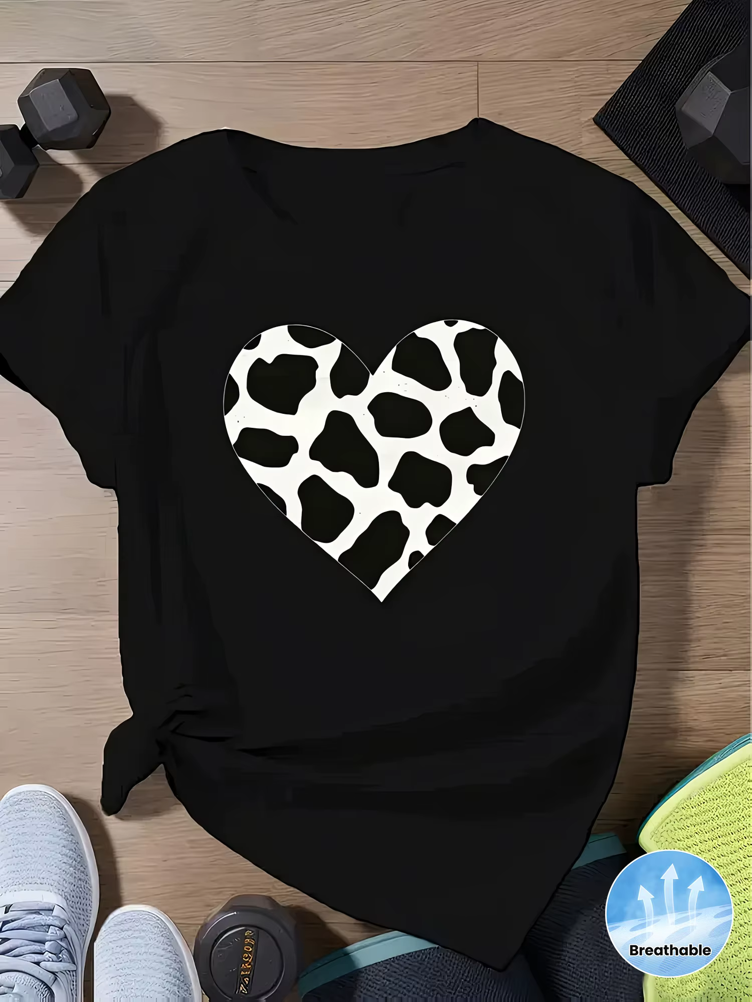 Femmes vache imprimé coeur graphique t-shirt coeur imprimé à manches courtes col rond haut été décon