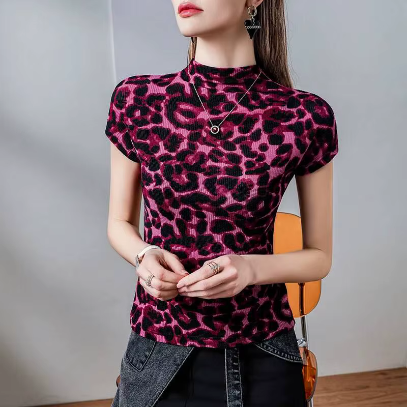 # T-shirt léopard 4401 pour femme, col montant, coupe ajustée, court, élastique, vintage, en maille,