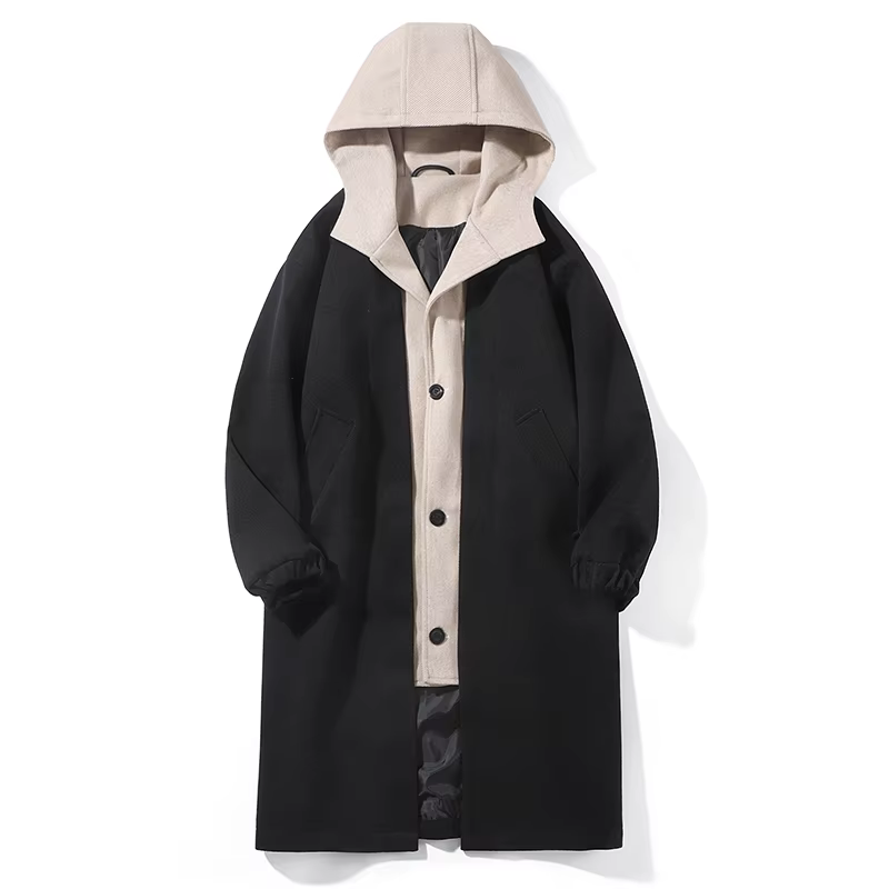 Trench-Coat à capuche pour hommes, nouveau Style, mi-long, simple boutonnage, Design bloc de couleur