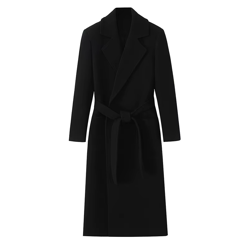 Mode femmes noir Long manteau en laine larges revers poches latérales ceinturé Cardigan pardessus 20