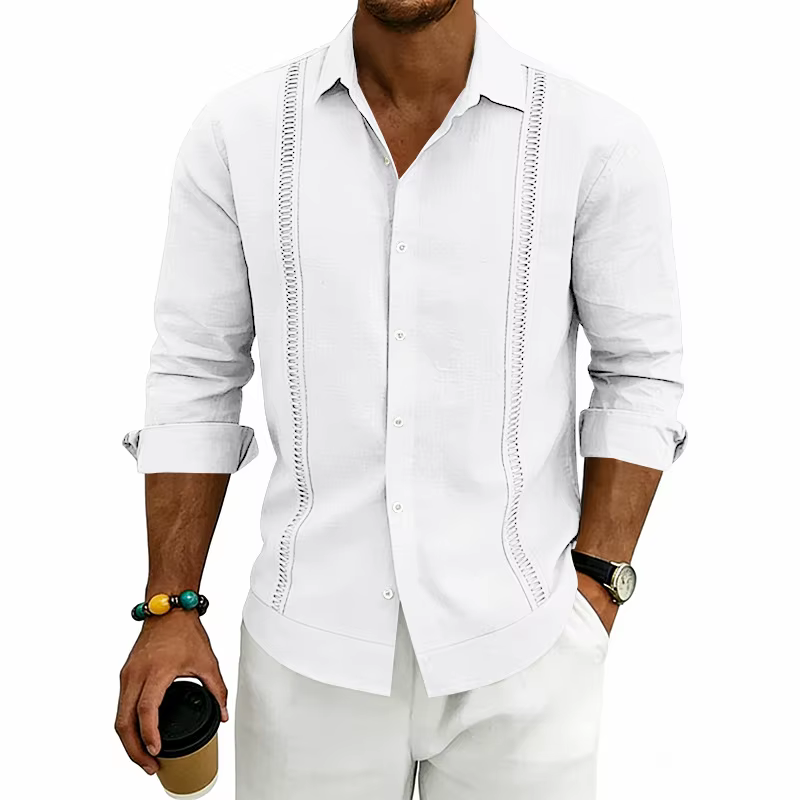 Chemise en lin de style ethnique pour hommes, col tissé, coupe ample, manches longues pour les vacan