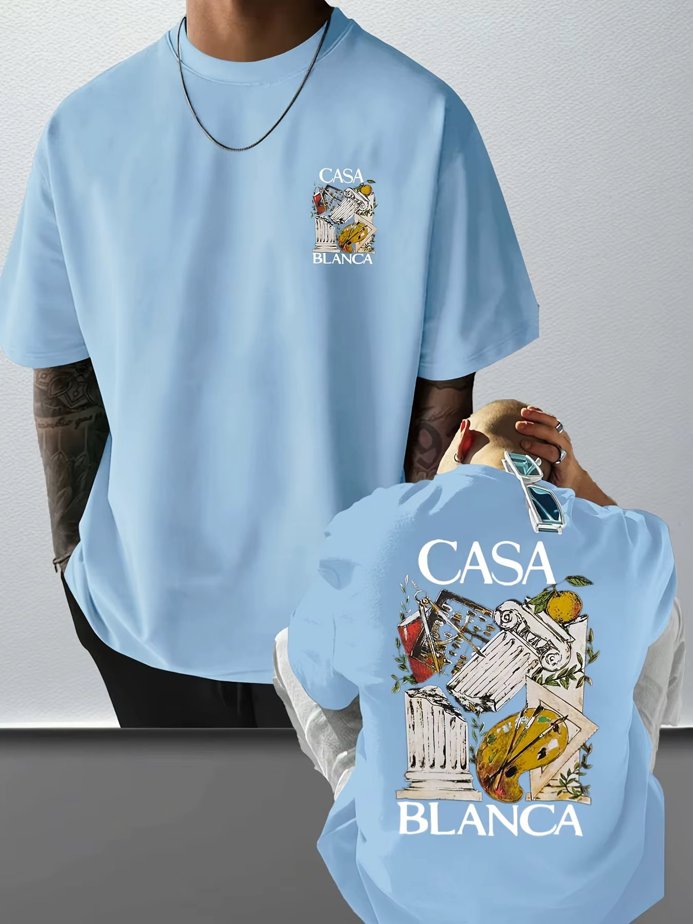 T-shirt artistique élégant avec motifs de colonnes classiques et d'outils de peintre, 100% coton, po