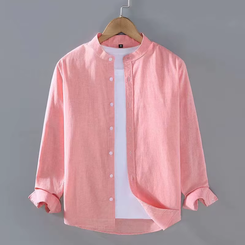 Henley – chemise en lin à manches longues et col montant pour homme, couleur unie, blanc, noir, doux