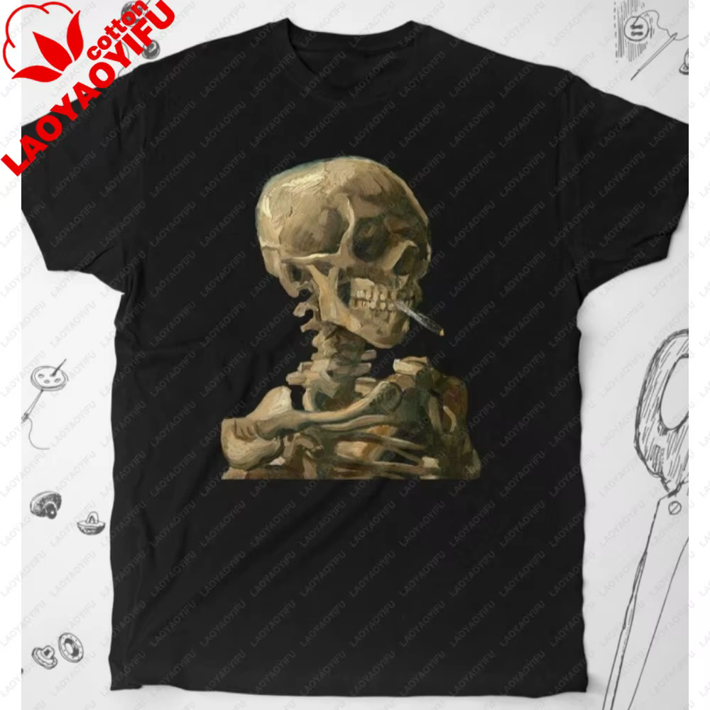 T-shirt squelette tendance avec design graphique vintage Van Gogh, esthétique artistique, squelette 