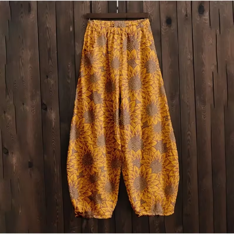Pantalon large fleuri pour femme, fleur de prunier, art du lin japonais, pantalon décontracté, lante