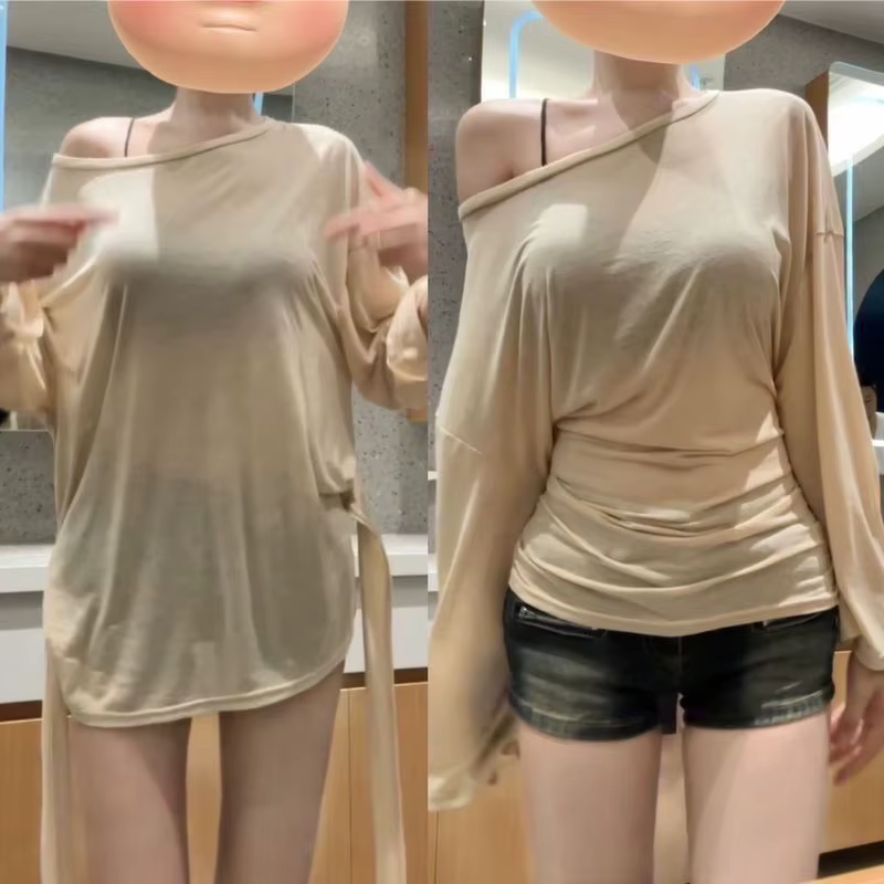 Sexy mince voir à travers à manches longues surdimensionné t-shirt femmes pansement hors épaule haut