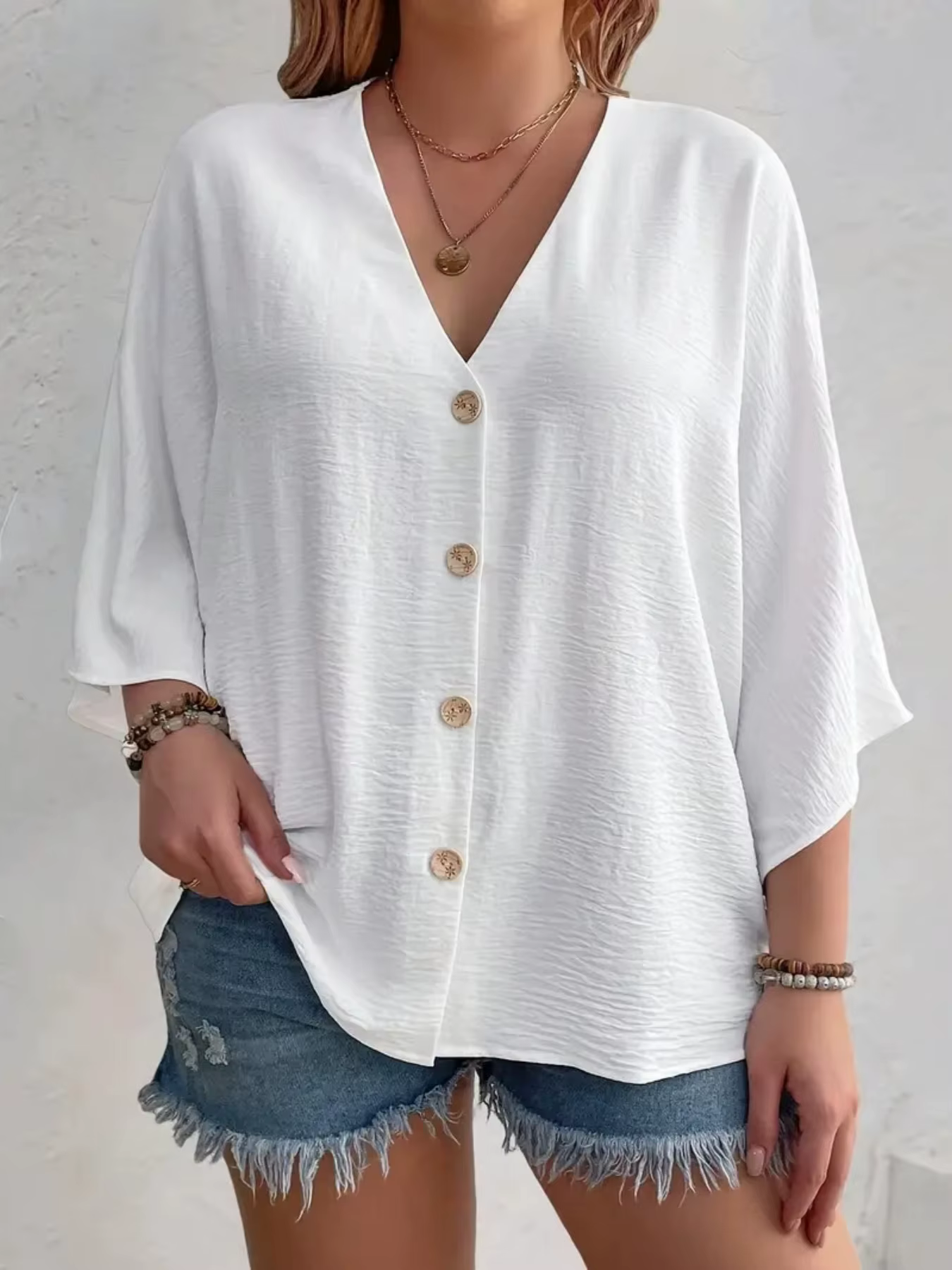 T-shirt grande taille pour femmes, couleur unie, respirant, col en v, boutons, vêtements de voyage d