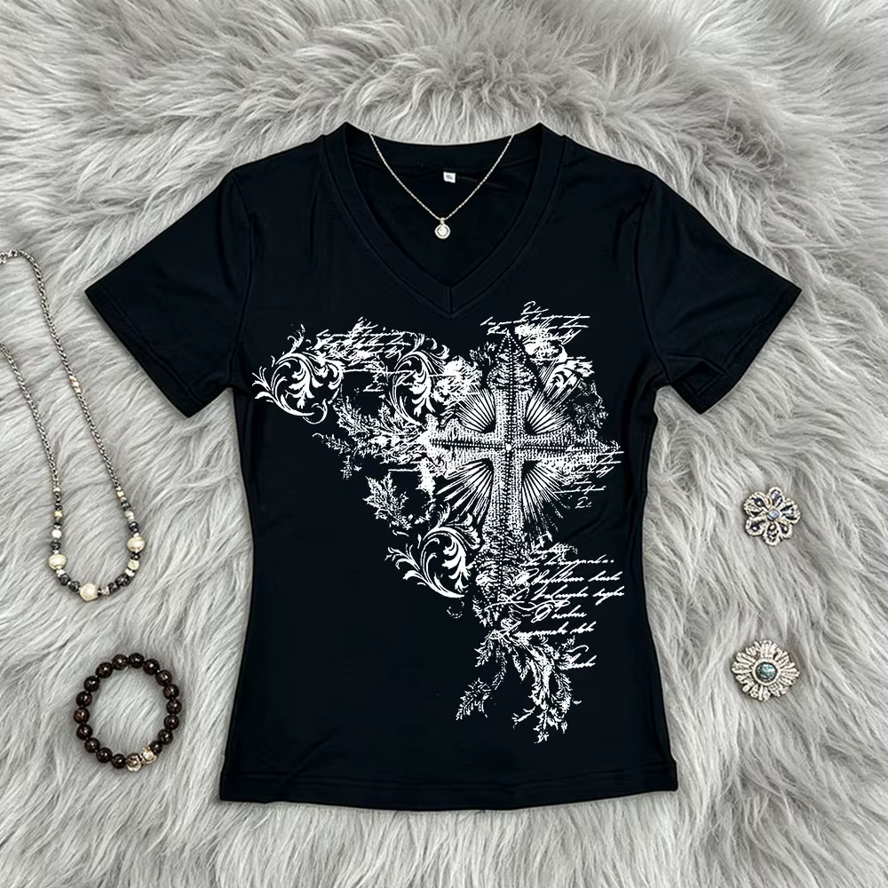 T-shirt imprimé style Y2K pour fille Emo, esthétique streetwear rétro gothique, manches courtes, mot