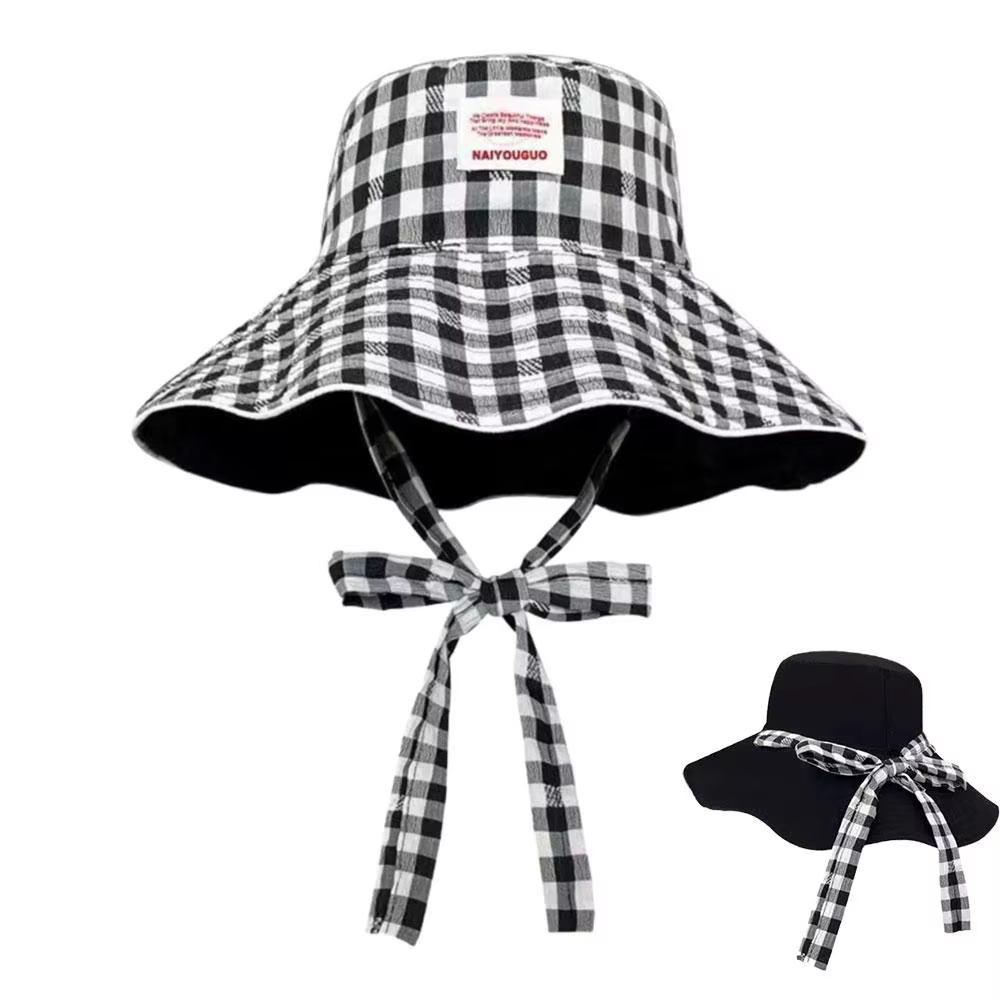 Chapeau Bob à Carreaux, Chapeau de Plage Léger et Pliable à Large Bord Anti-UV avec Lanière Mentonni