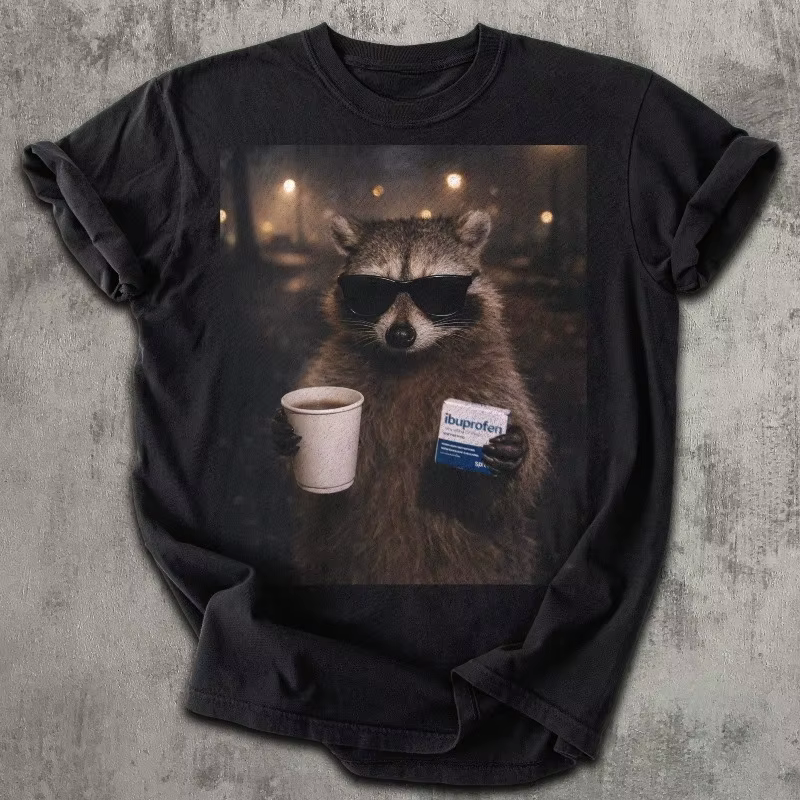T-shirt humoristique avec motif de raton laveur et Ibuprofène, humoristique matinal, unisexe, motif 