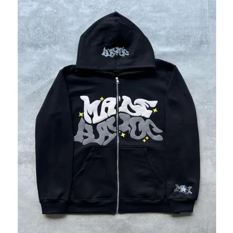 Sweat-shirt à capuche imprimé avec lettres américaines rétro pour homme, cardigan ouvert unisexe pou