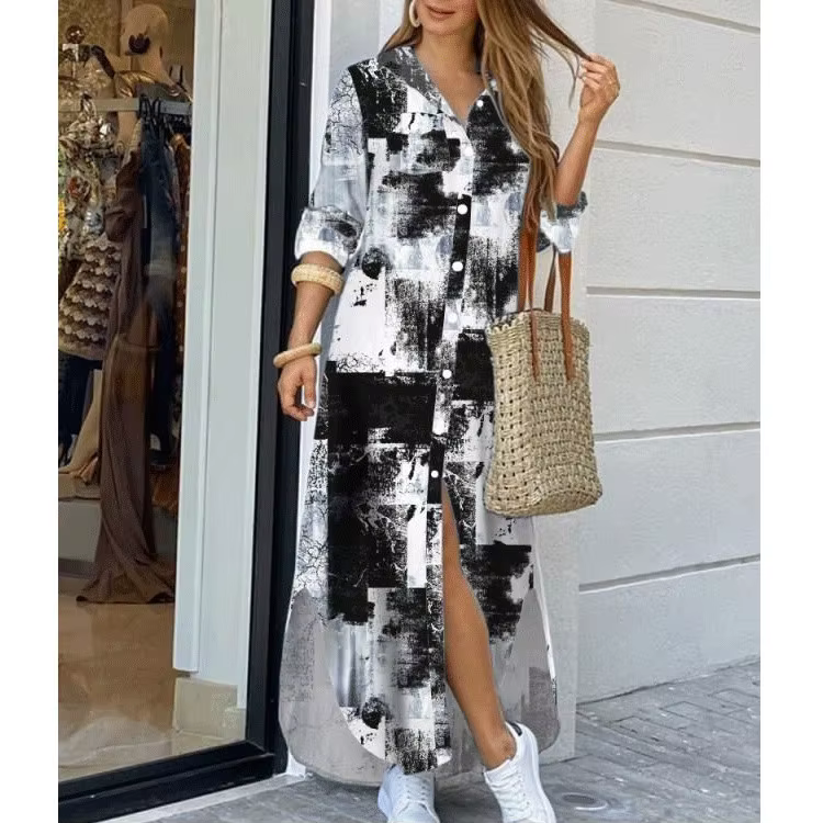 Robe chemise à manches longues pour femmes, robes imprimées Boho décontractées, mode d'été, simple b