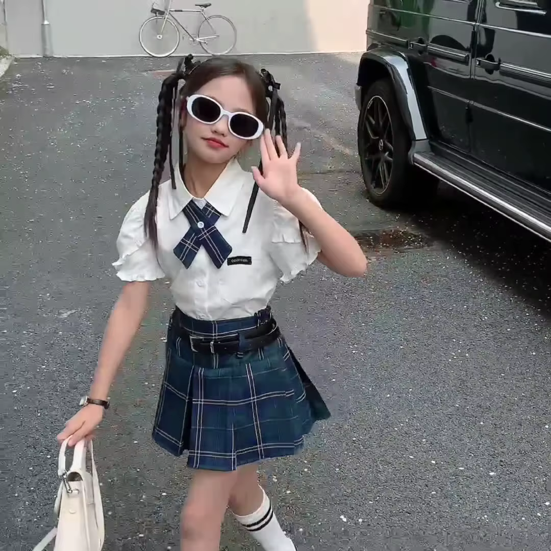 Ensemble de vêtements d'été pour adolescentes JK, chemise à manches bouffantes en coton et saphir + 