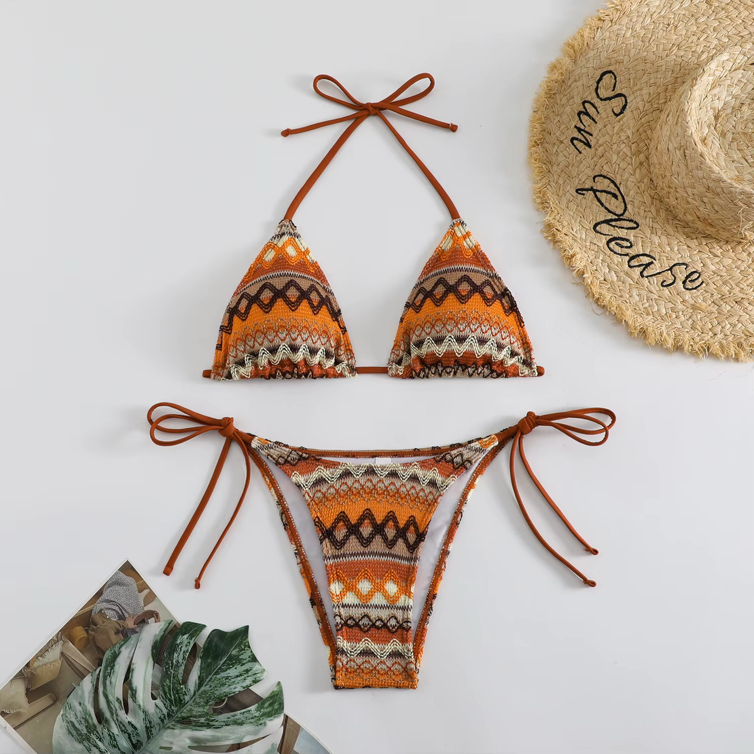 Nadanbao Sexy tricot imprimé fleuri Bikini ensembles maillots de bain femmes marron dos nu mode mail