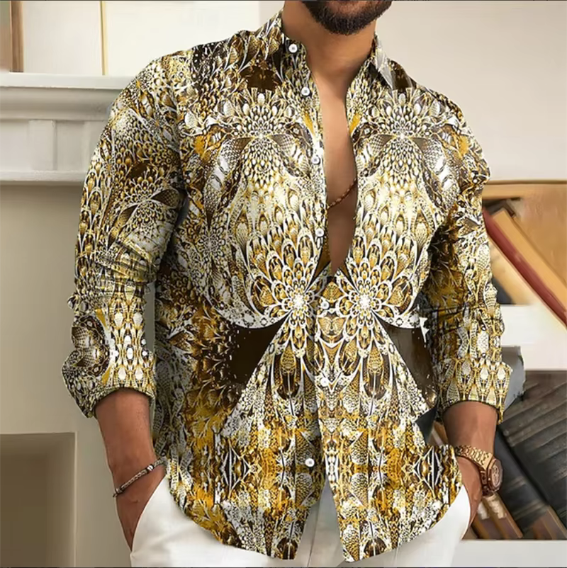 Chemise hawaïenne à manches longues pour hommes, chemise pliante, motif rayé, imprimé floral numériq