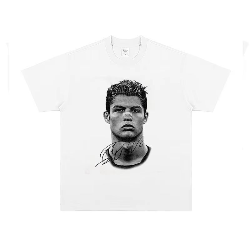 T-shirt ample à manches courtes en pur coton avec imprimé portrait sur le thème du football