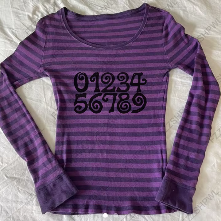 T-shirt à manches longues rayé violet pour femme, imprimé chiffres gothiques, coupe ajustée, col ron