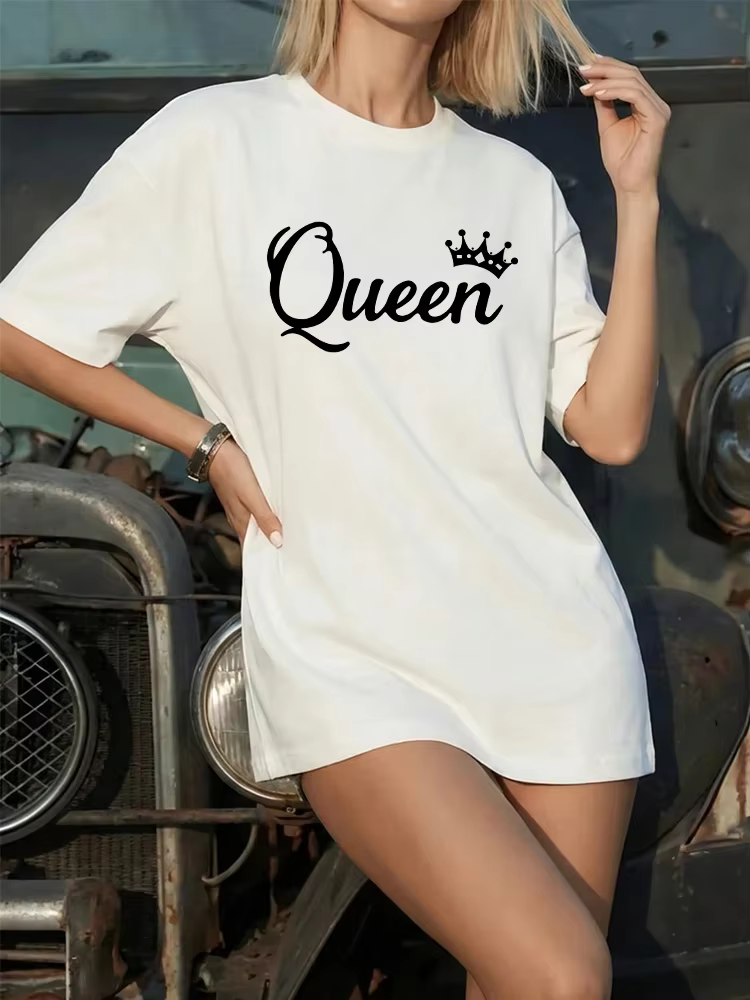 T-shirt Oversize Imprimé Queen 2026 Nouvelle Collection Femme Printemps-Été – Haut Décontracté Quoti