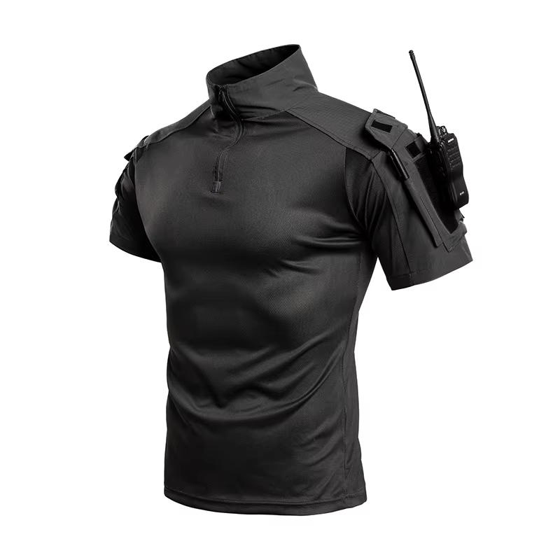 Chemise tactique de combat pour homme, manches courtes, 1/4 zip, respirante, séchage rapide, camoufl
