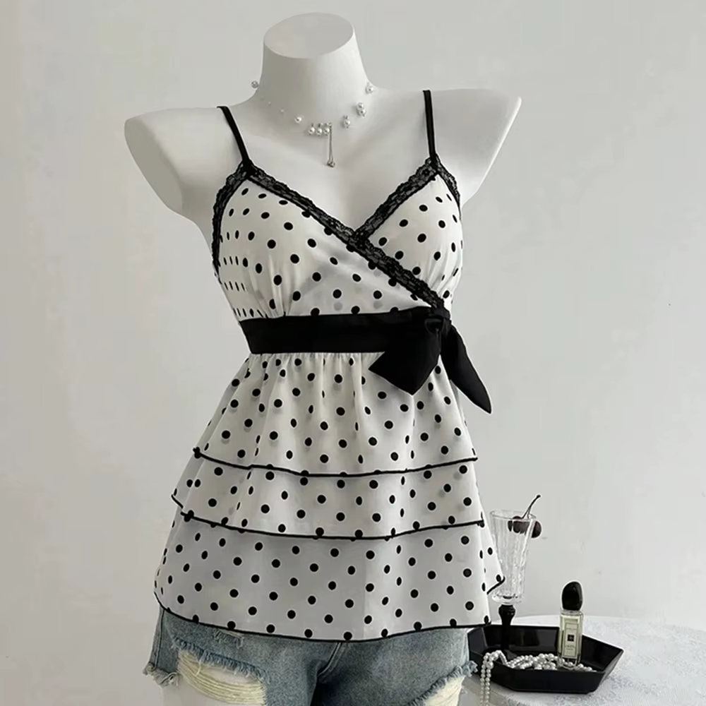 Camisole Rétro Style Français en Dentelle Patchwork Color-Block à Nœud et Pois, Haut Chic et Amincis