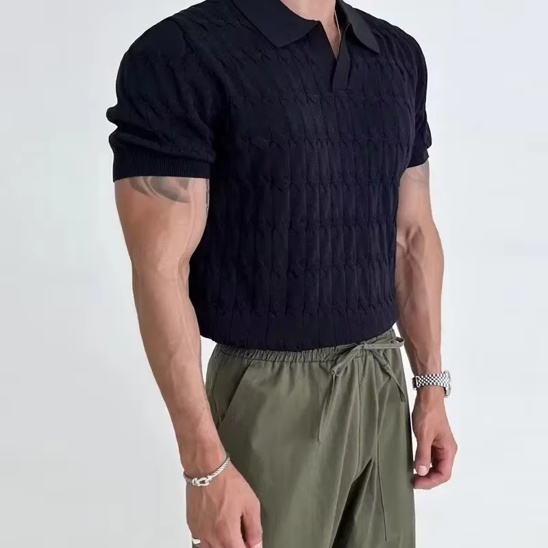 Chemises polo en tricot jacquard pour hommes, élégantes, à col en V, à manches courtes, à revers, pu