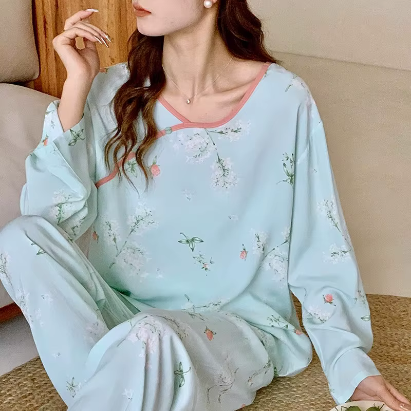 Pyjama en coton pour femmes, vêtements de maison, Style chinois, ensemble deux pièces, pantalon à ma