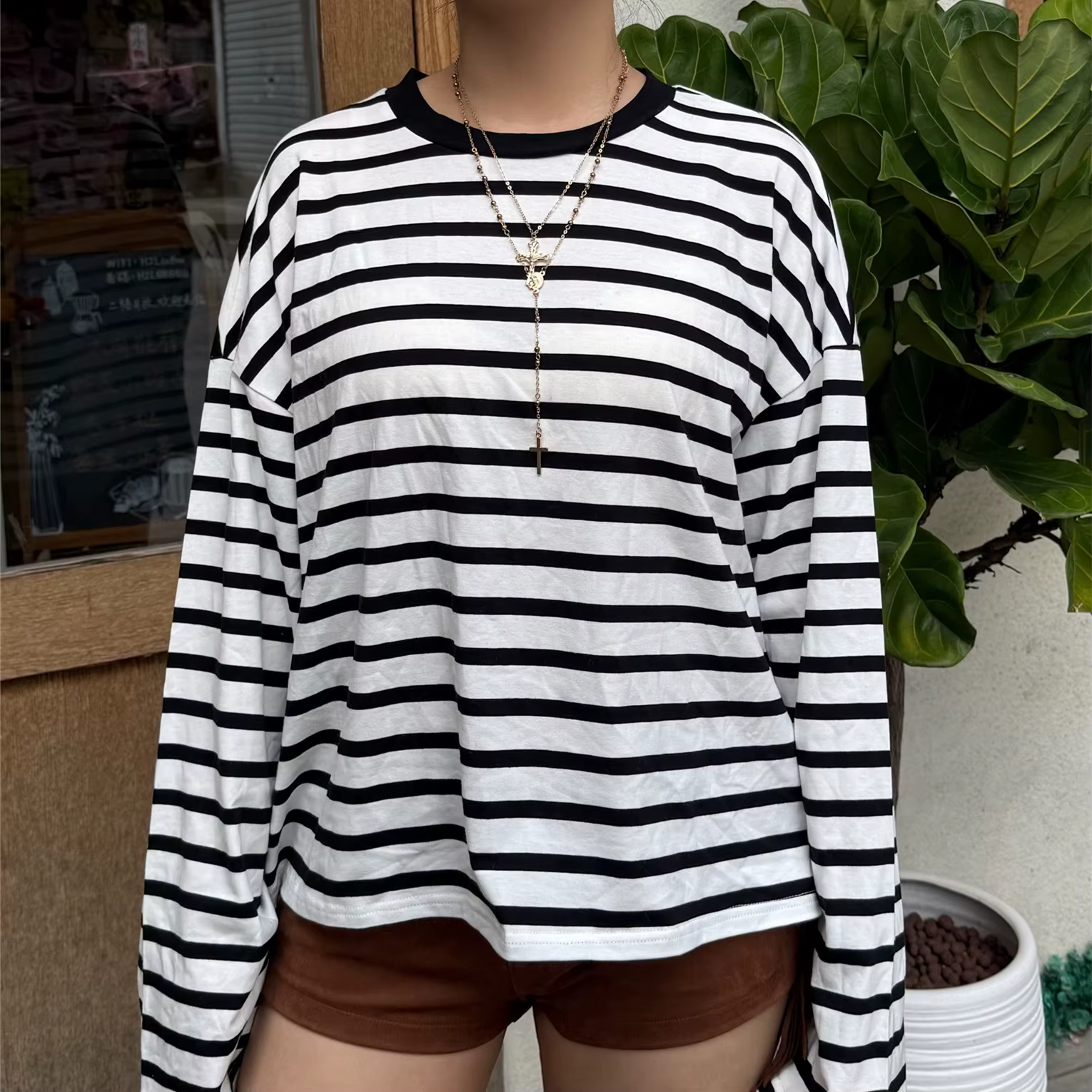 Tunique ample à manches longues et col rond pour femme, T-shirt basique imprimé à rayures, chemisier