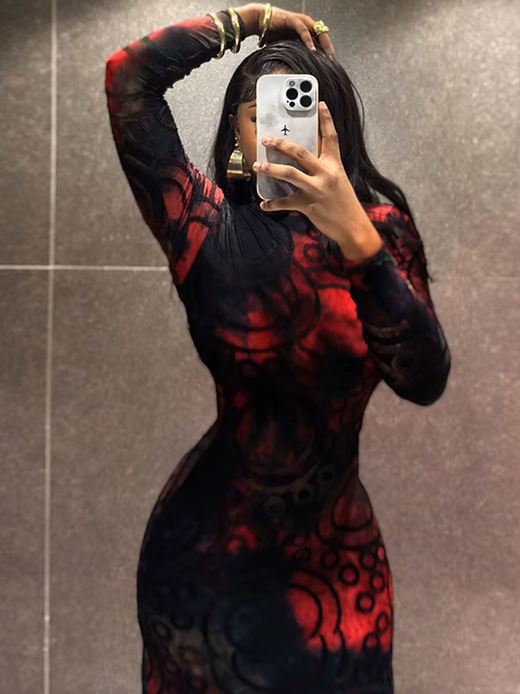 Robe Amincissante Femme Élégante Printemps Col Montant Imprimée Sexy Noire Manches Longues Vente en 