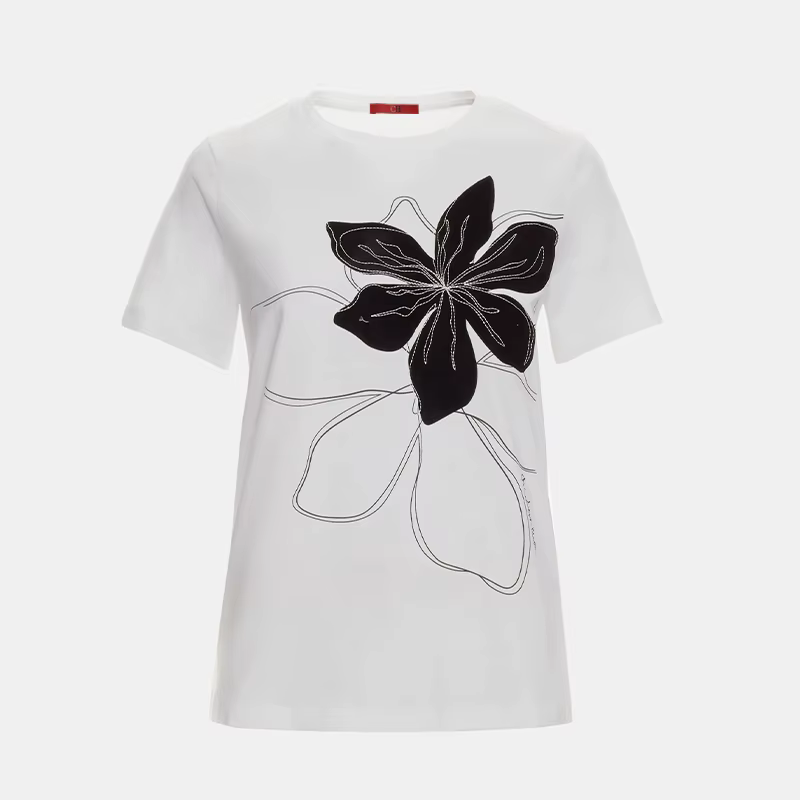T-shirt à manches courtes brodé de fleurs CH pour femme, col rond, coupe classique, coton premium, d
