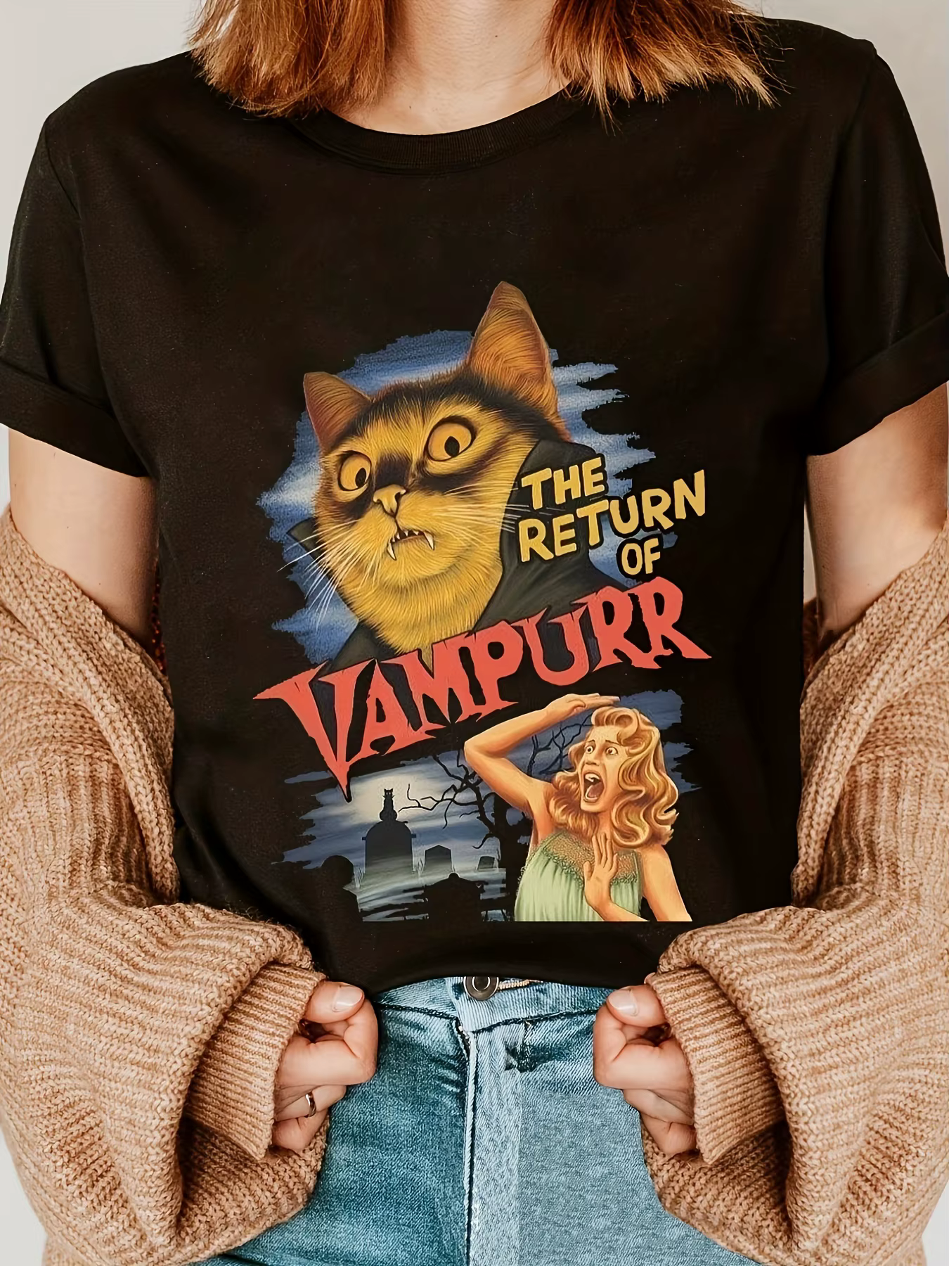 T-Shirt Vintage imprimé chat pour femmes, «le retour du Vampire», Design rétro décontracté, col rond