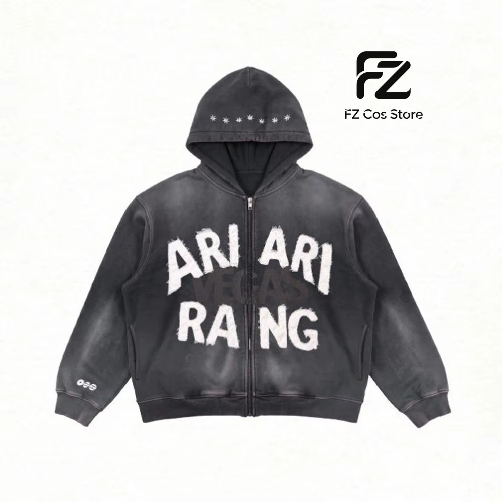 ARIRANG Sweat à capuche zippé brodé, Cardigan ouvert noir délavé vintage, Veste streetwear décontrac