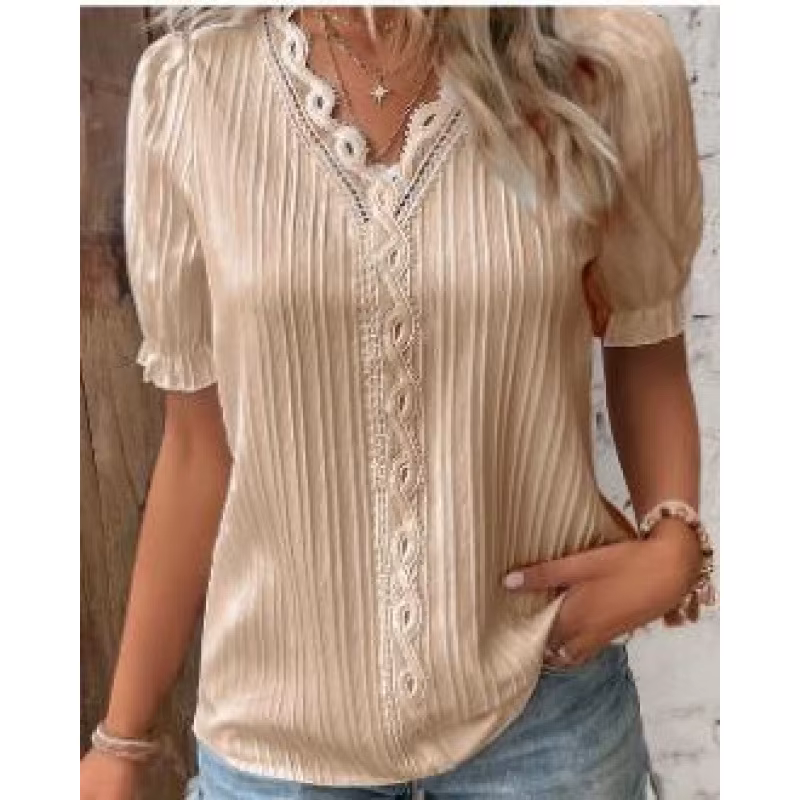 Chemisier en mousseline uni pour femme, col en V, manches courtes, coupe ample, avec détails en dent