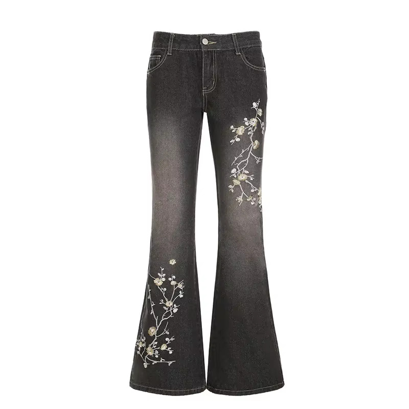 Jean vintage coupe bootcut taille basse pour femme, style urbain, effet amincissant, broderie végéta