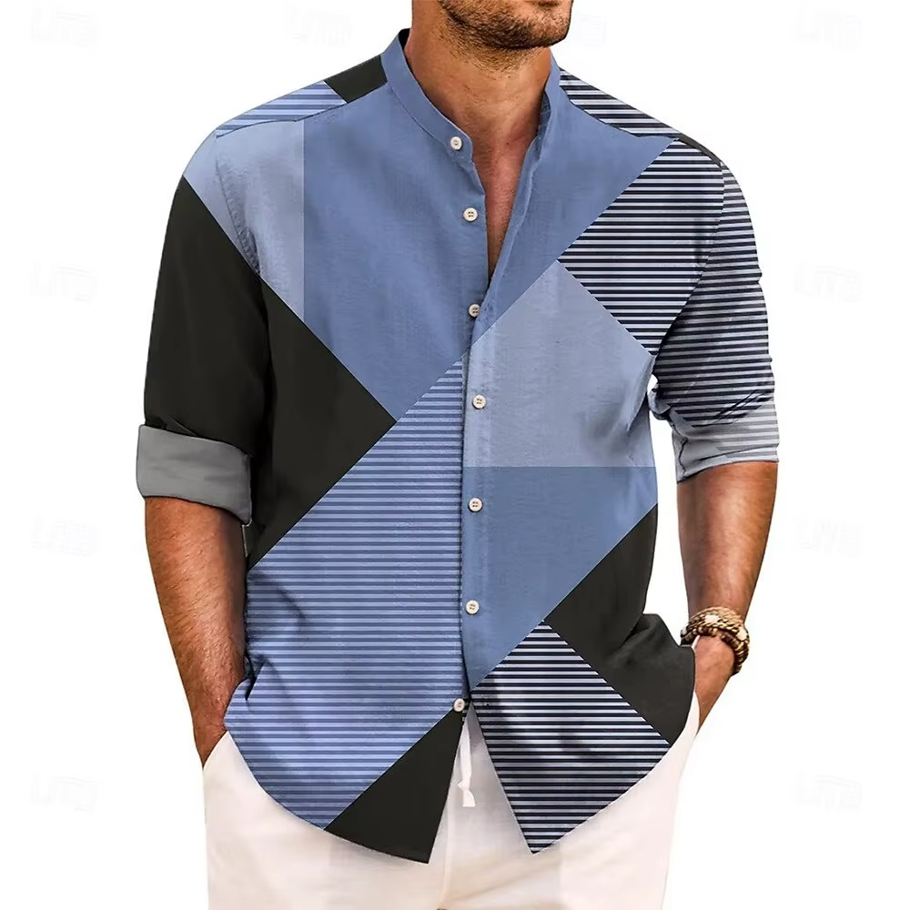 Nouvelle chemise pour hommes 3D rayé imprimé décontracté mode à manches longues boutonné chemise col