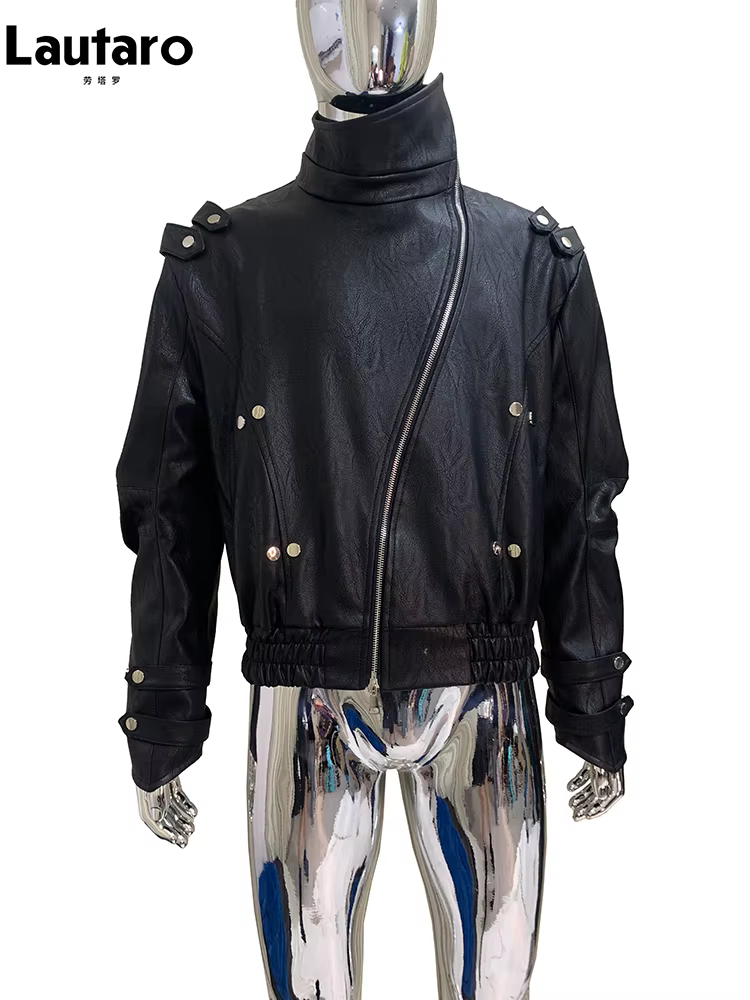 Mauroicardi printemps automne Cool coupe-vent court noir Faux cuir veste hommes fermeture éclair Chi
