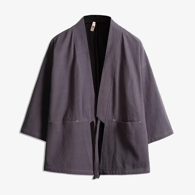 Chemise d'été pour homme, Kimono chinois, Chemise en coton à points ouverts, Cardigan de couleur uni