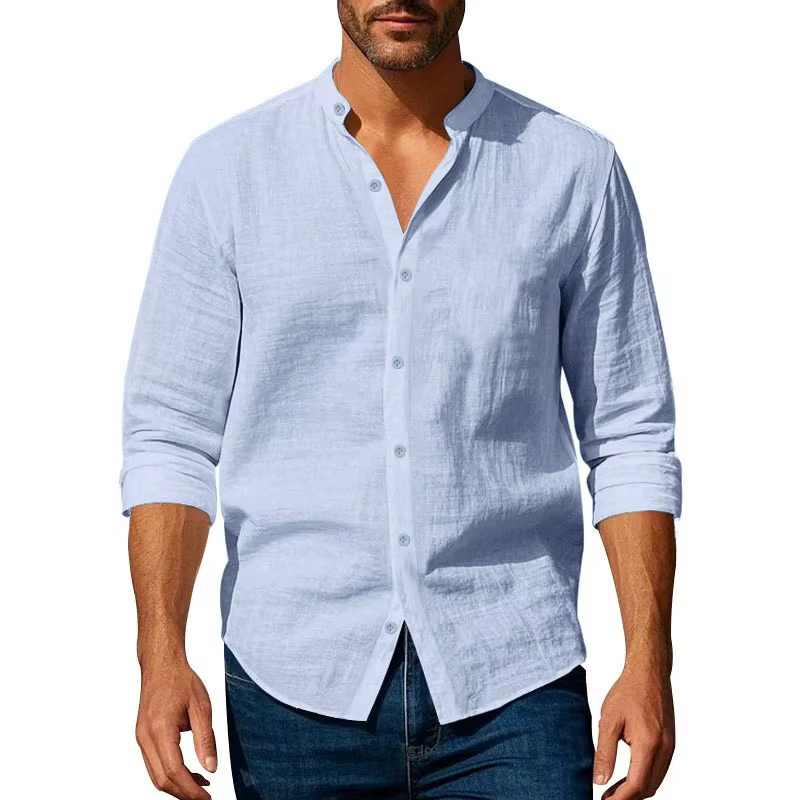 Chemise en coton et lin pour hommes, col Henley, couleur unie, légère, respirante, coupe cintrée, si