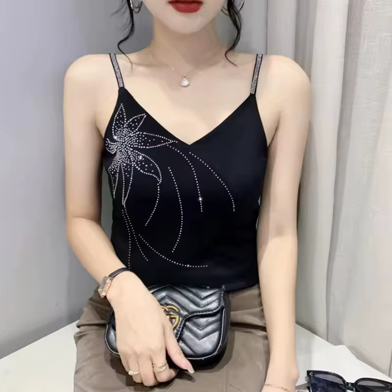 T-shirt d'été streetwear pour femme, sexy, épaules dénudées, orné de diamants brillants, en maille f