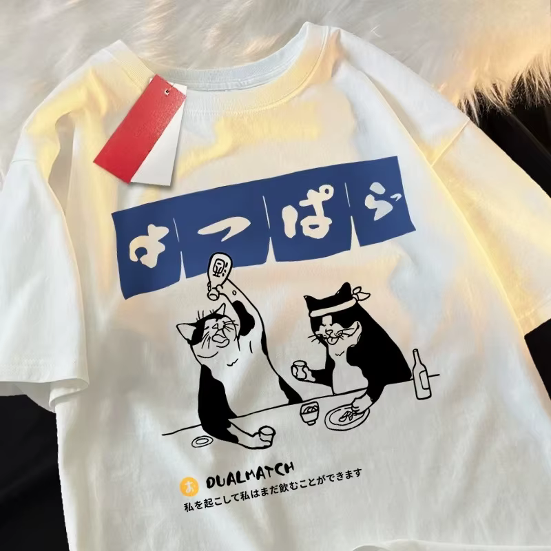 Harajuku japonais chat boire haut femmes col rond T-shirt Streetwear été vêtements Hip Hop sport T-s