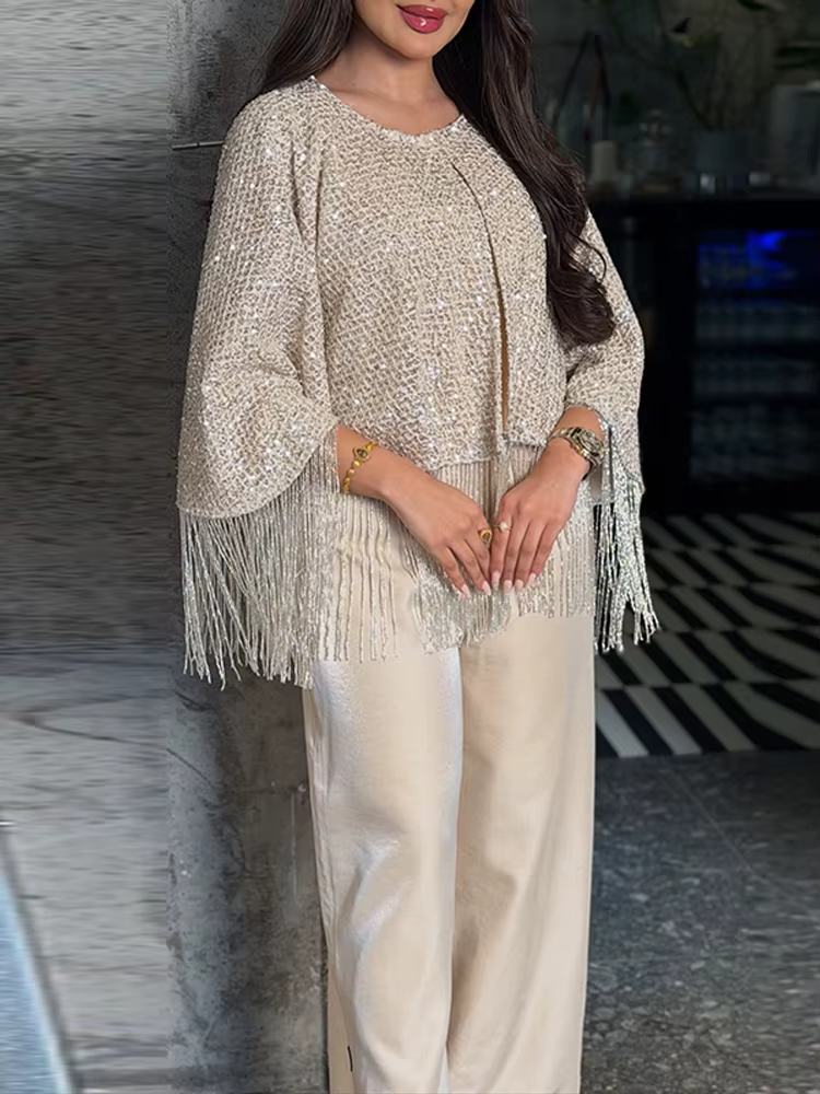 Tops châles oversize à sequins et franges pour femmes, col rond sexy, manches longues, brillants, co