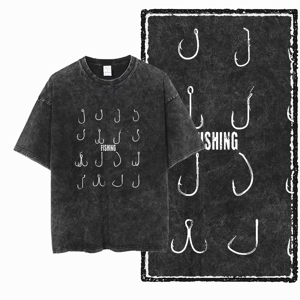 YB FISHING THEME imprimé coton lavé à l'acide graphique exclusif unisexe t-shirt Cool Streetwear hom