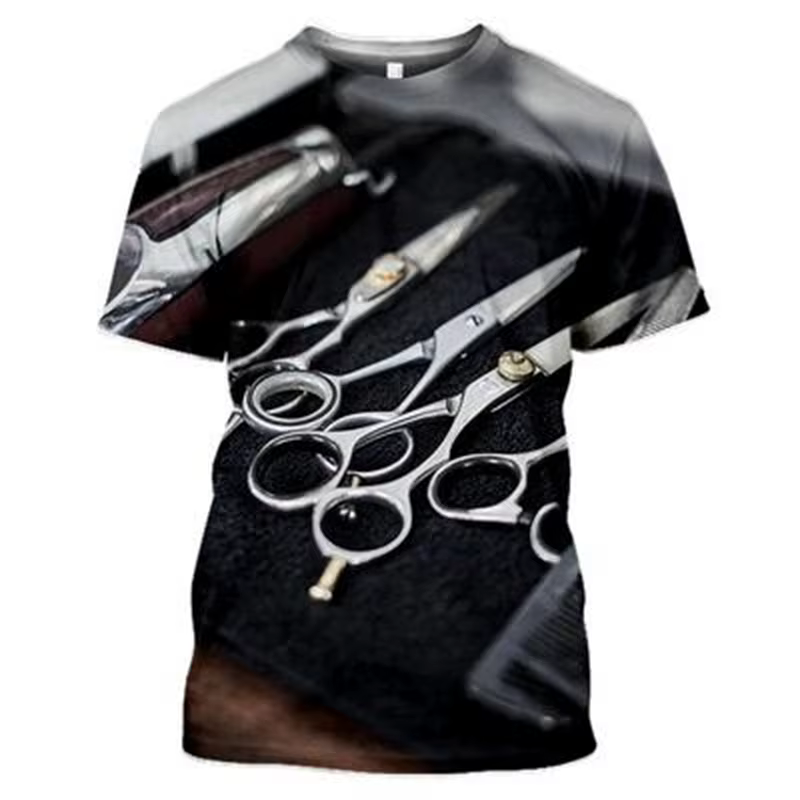 T-shirt de travail de barbier pour hommes, manches courtes, col rond, t-shirts College en 3D, peigne