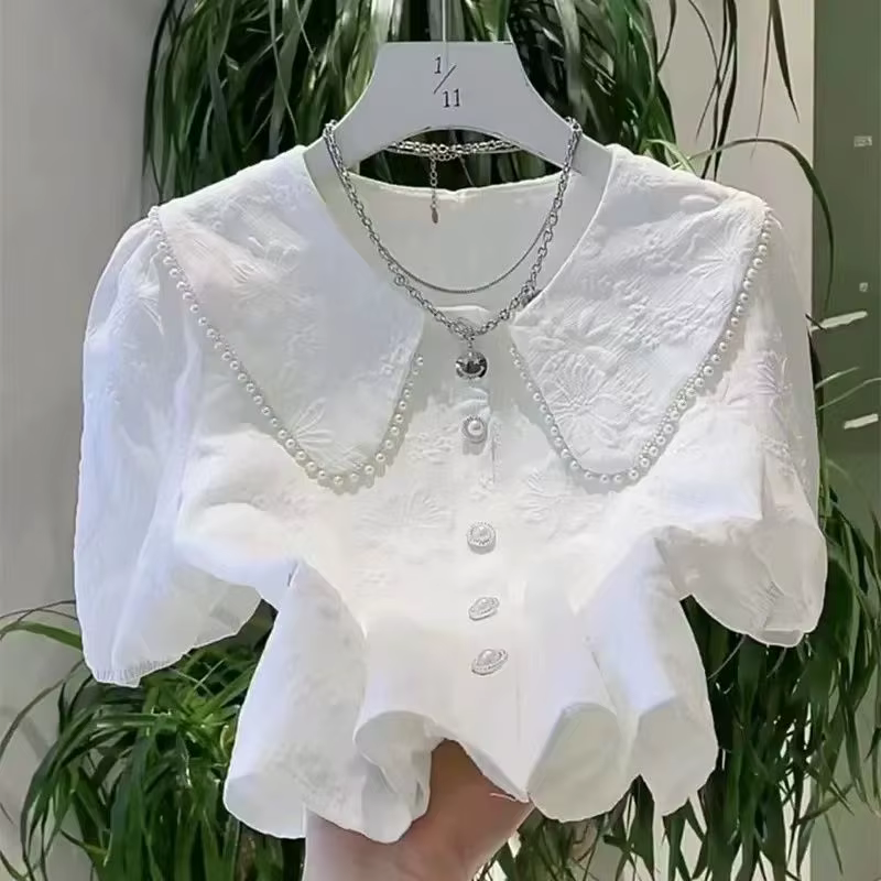 Chemises à manches courtes pour femmes, design perlé, col claudine, mode française, élégante, douce,