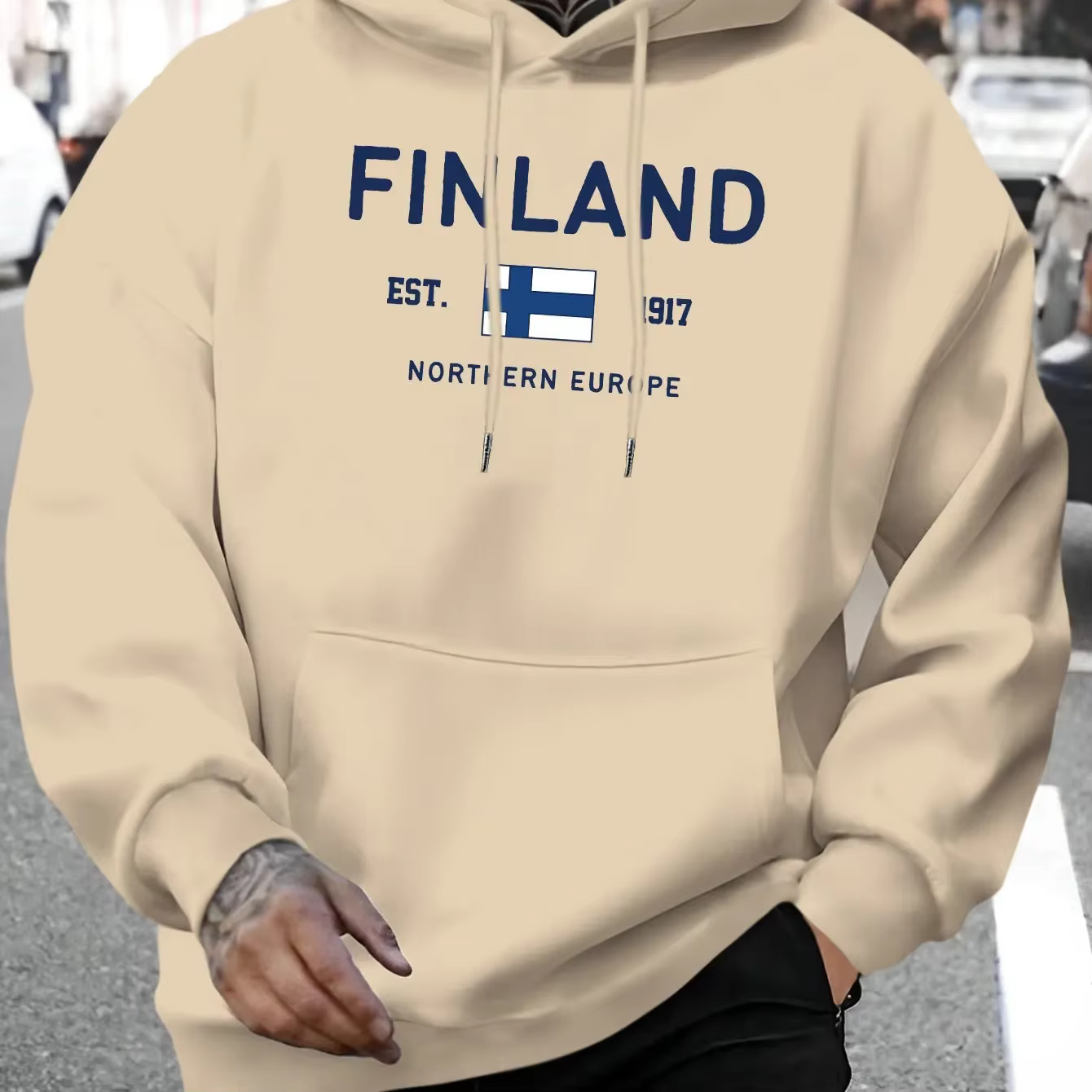 Sweat à capuche pour homme avec imprimé lettres finlandaises, sweat-shirt décontracté à cordon de se