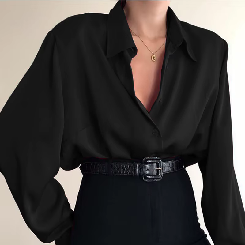 Femmes bouton Blouses col rabattu chemises bureau dame à manches longues Blouse décontractée ample O