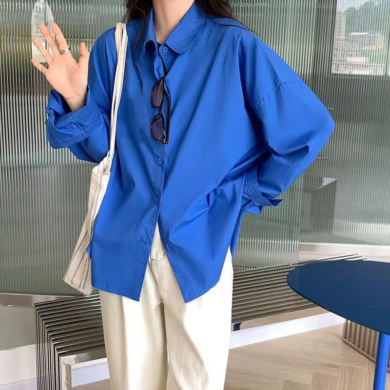 Printemps automne nouvelle chemise bleue Klein pour femmes à manches longues col Polo ample coréen c