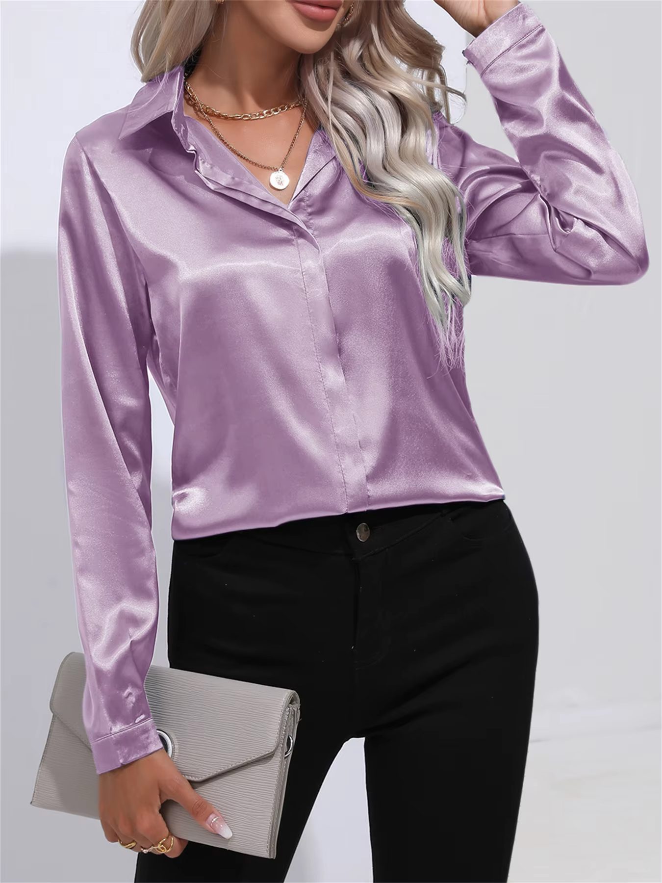 Chemise élégante à manches longues en Satin pour femmes, col rabattu, un bouton, chemisier de bureau